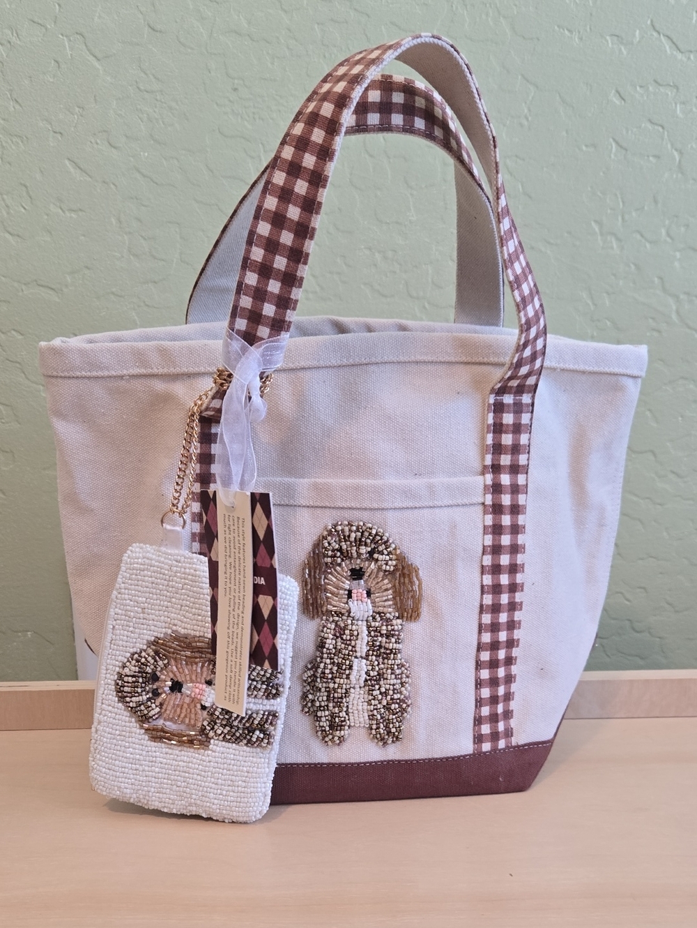 Canvas Small Tote Bag with Beaded Golden Doodle Dog & Coin pouch NWT